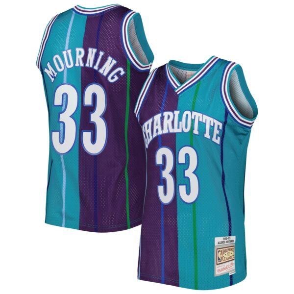 Alonzo Mourning Charlotte Hornets Mitchell & Ness Hardwood Classics 1992/93 Split Swingman Jersey - Teal/Purple - Image 2