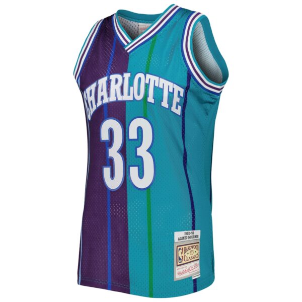 Alonzo Mourning Charlotte Hornets Mitchell & Ness Hardwood Classics 1992/93 Split Swingman Jersey - Teal/Purple - Image 3