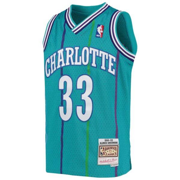 Alonzo Mourning Charlotte Hornets Mitchell & Ness Youth 1992/93 Hardwood Classics Swingman Jersey - Teal - Image 3