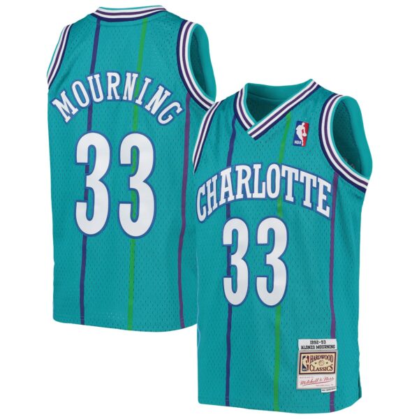 Alonzo Mourning Charlotte Hornets Mitchell & Ness Youth 1992/93 Hardwood Classics Swingman Jersey - Teal - Image 2