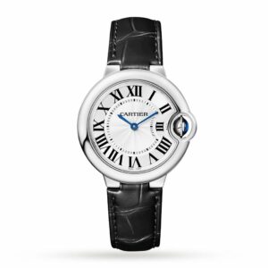 Cartier Ballon Bleu de Cartier watch, 33 mm, quartz movement. Steel case, fluted crown set with a synthetic cabochon-shaped spinel WSBB0034
