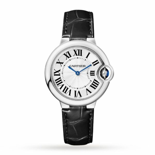 Cartier Ballon Bleu de Cartier watch, 33 mm, quartz movement. Steel case, fluted crown set with a synthetic cabochon-shaped spinel WSBB0034