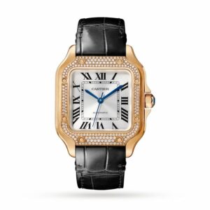 Cartier Santos De Cartier Watch Medium Model, Automatic Movement, Rose Gold, Diamonds, 2 Interchangeable Leather Bracelets WJSA0012