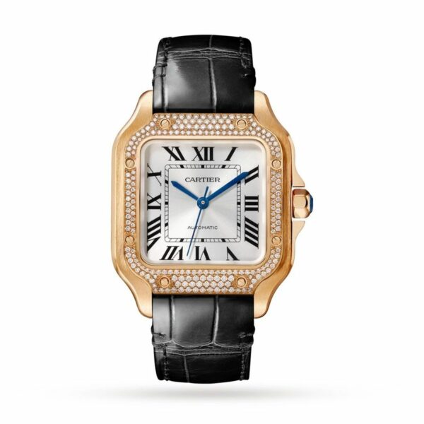 Cartier Santos De Cartier Watch Medium Model, Automatic Movement, Rose Gold, Diamonds, 2 Interchangeable Leather Bracelets WJSA0012