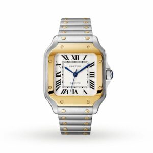 Cartier Santos De Cartier Watch Medium Model, Automatic Movement, Yellow Gold, Steel, Interchangeable Metal And Leather Bracelets W2SA0016