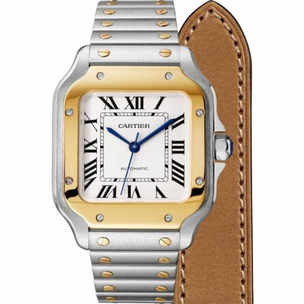 Cartier Santos De Cartier Watch Medium Model, Automatic Movement, Yellow Gold, Steel, Interchangeable Metal And Leather Bracelets W2SA0016 - Image 3