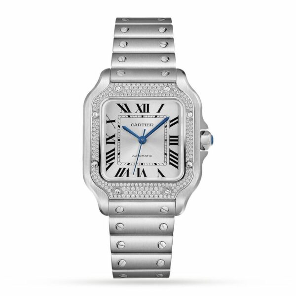 Cartier Santos De Cartier Watch - Medium Model, Automatic, Steel, Diamonds, Interchangeable Metal And Leather Bracelets W4SA0005