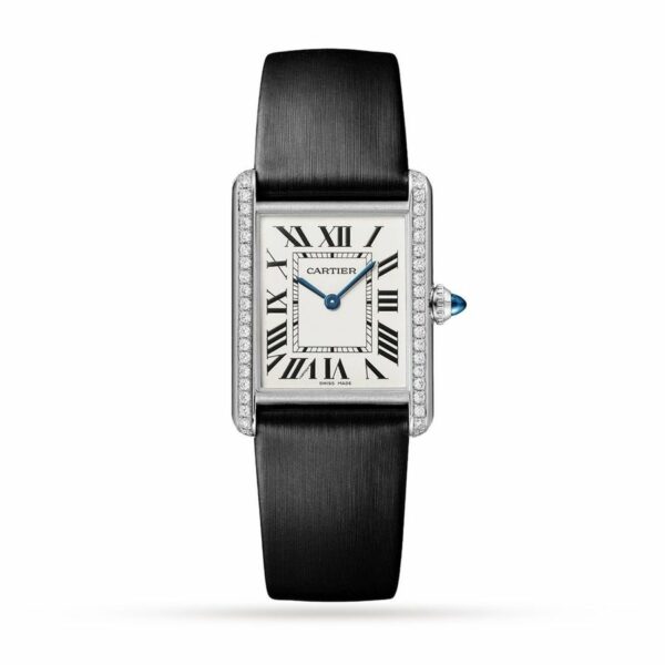 Cartier Tank Must watch, large model, quartz movement. Steel case, bezel set with 42 brilliant-cut diamonds W4TA0017