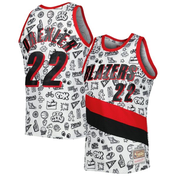 Clyde Drexler Portland Trail Blazers Mitchell & Ness 1991-92 Hardwood Classics Doodle Swingman Jersey - White - Image 2