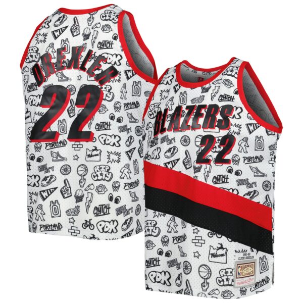 Clyde Drexler Portland Trail Blazers Mitchell & Ness 1991/92 Hardwood Classics Doodle Swingman Player Jersey - White - Image 2