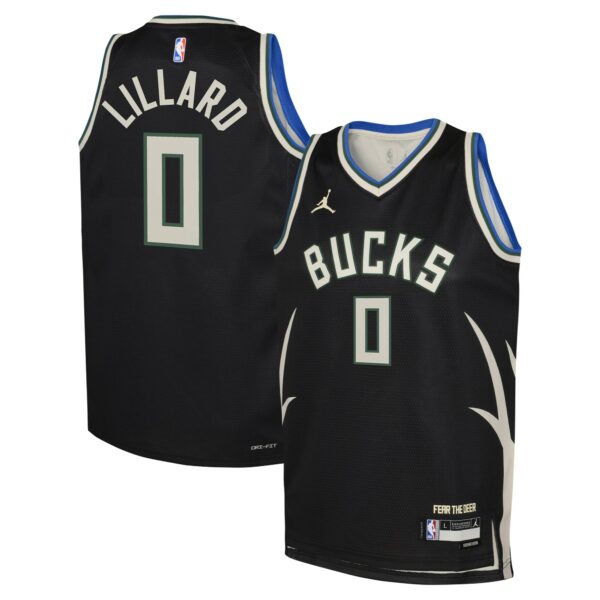 Damian Lillard Milwaukee Bucks Jordan Brand Youth Swingman Jersey - Statement Edition - Black - Image 2