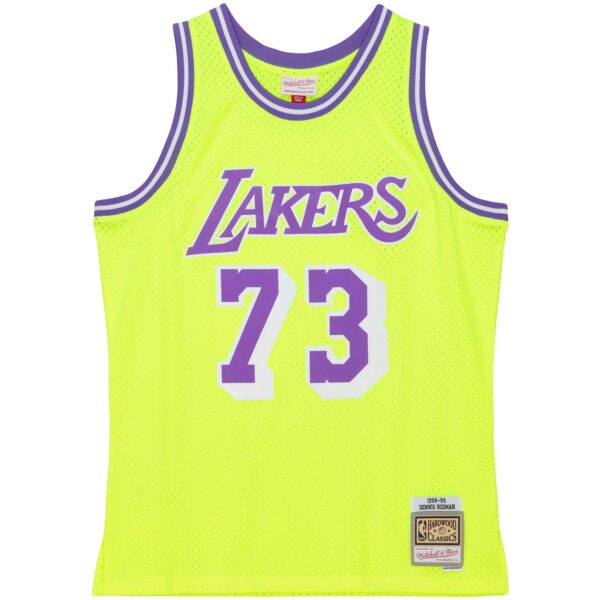 Dennis Rodman Los Angeles Lakers Mitchell & Ness Hardwood Classics 1998/99 Tropical Swingman Jersey - Neon Yellow - Image 3