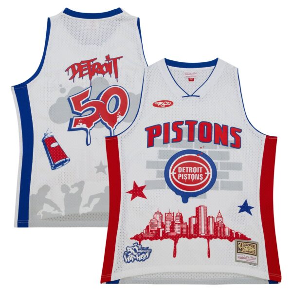 Detroit Pistons Mitchell & Ness x Tats Cru Hardwood Classics Fashion Jersey - White - Image 2