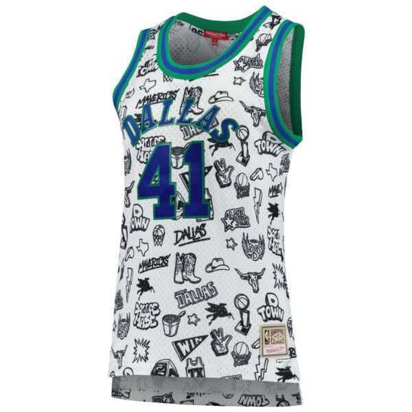 Dirk Nowitzki Dallas Mavericks Mitchell & Ness Women's 1998 Doodle Swingman Jersey - White - Image 3