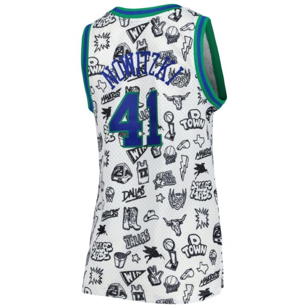 Dirk Nowitzki Dallas Mavericks Mitchell & Ness Women's 1998 Doodle Swingman Jersey - White - Image 4