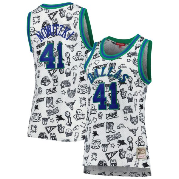 Dirk Nowitzki Dallas Mavericks Mitchell & Ness Women's 1998 Doodle Swingman Jersey - White - Image 2