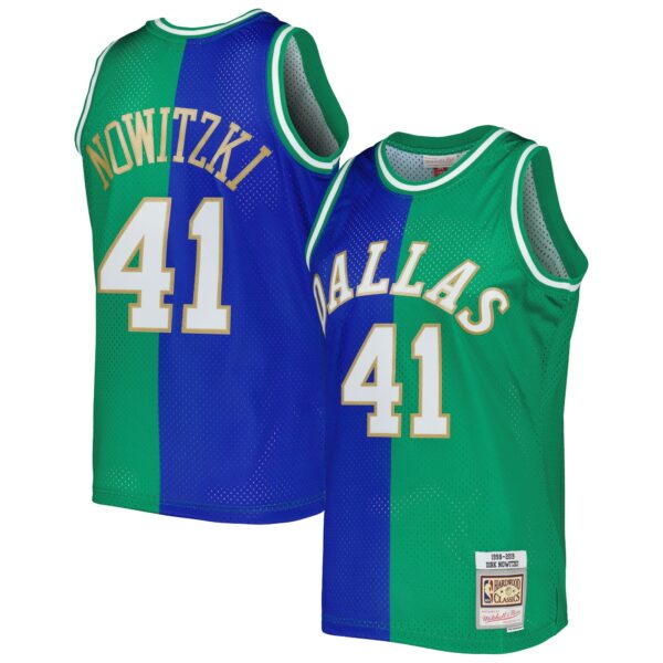 Dirk Nowitzki Dirk Nowitzki Mitchell & Ness Hardwood Classics 1998/2019 Split Swingman Jersey - Blue/Green - Image 2