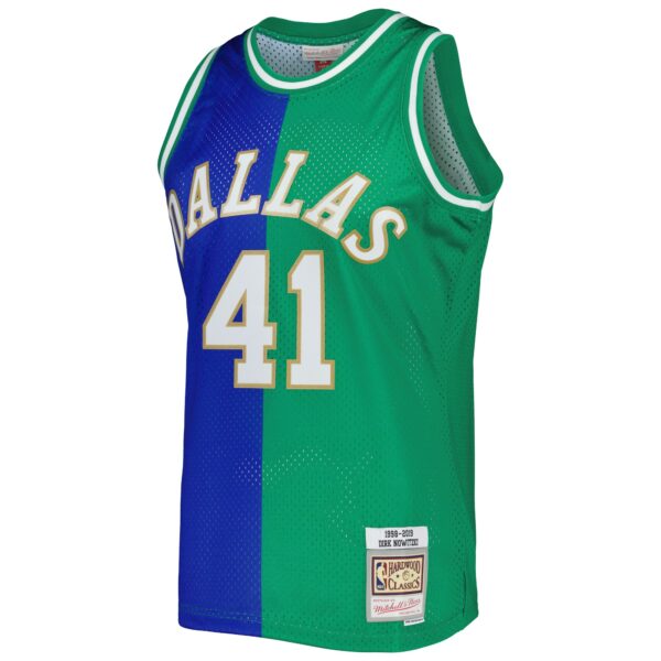 Dirk Nowitzki Dirk Nowitzki Mitchell & Ness Hardwood Classics 1998/2019 Split Swingman Jersey - Blue/Green - Image 3