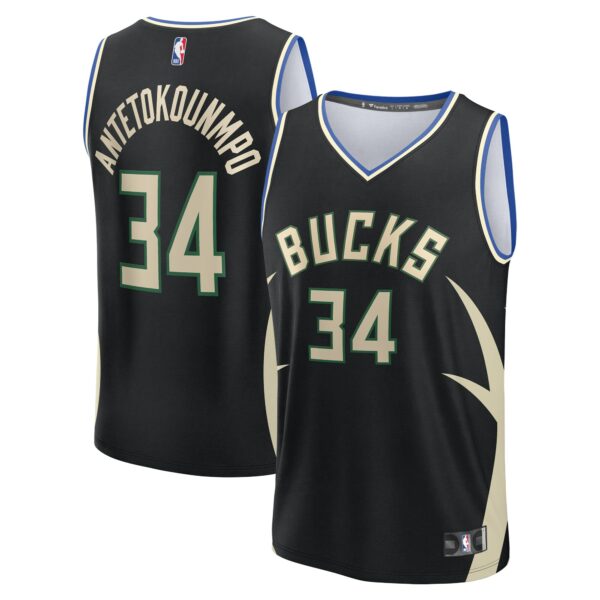 Giannis Antetokounmpo Milwaukee Bucks Fanatics Youth Fast Break Replica Player Jersey - Statement Edition - Black - Image 2