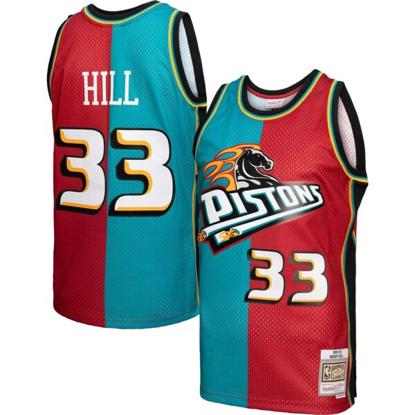 Grant Hill Detroit Pistons Mitchell & Ness Hardwood Classics 1999/00 Split Swingman Jersey - Teal/Red - Image 2