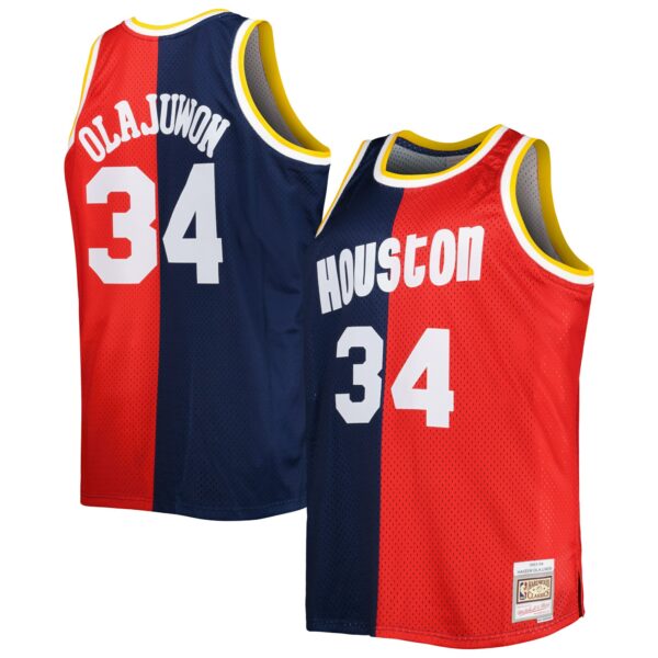 Hakeem Olajuwon Houston Rockets Mitchell & Ness Big & Tall Hardwood Classics 1993/94 Split Swingman Jersey - Navy/Red - Image 2