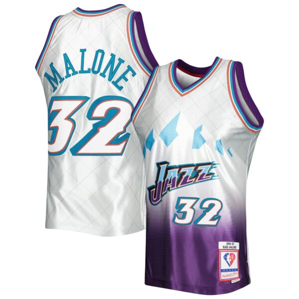 Karl Malone Utah Jazz Mitchell & Ness 1996/97 Hardwood Classics 75th Anniversary Swingman Jersey - Platinum - Image 2
