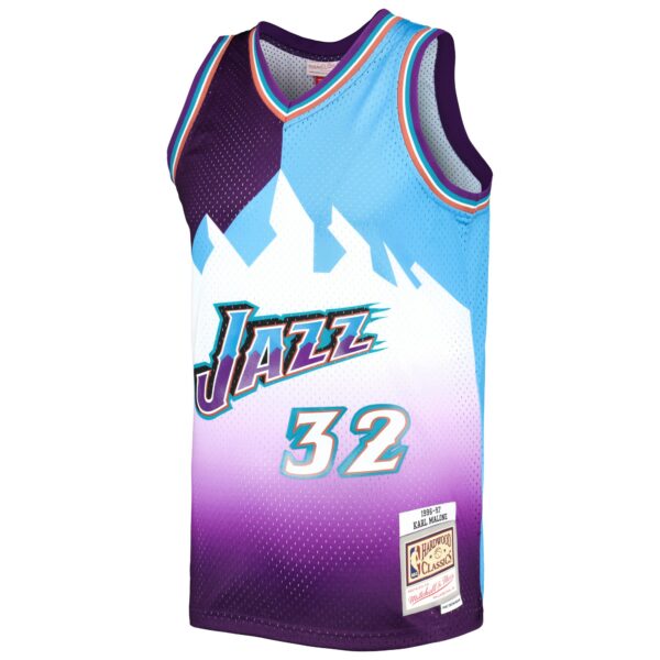 Karl Malone Utah Jazz Mitchell & Ness Hardwood Classics 1996/97 Split Swingman Jersey - Purple/Turquoise - Image 3