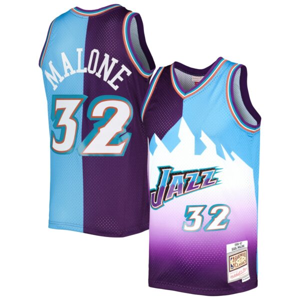 Karl Malone Utah Jazz Mitchell & Ness Hardwood Classics 1996/97 Split Swingman Jersey - Purple/Turquoise - Image 2