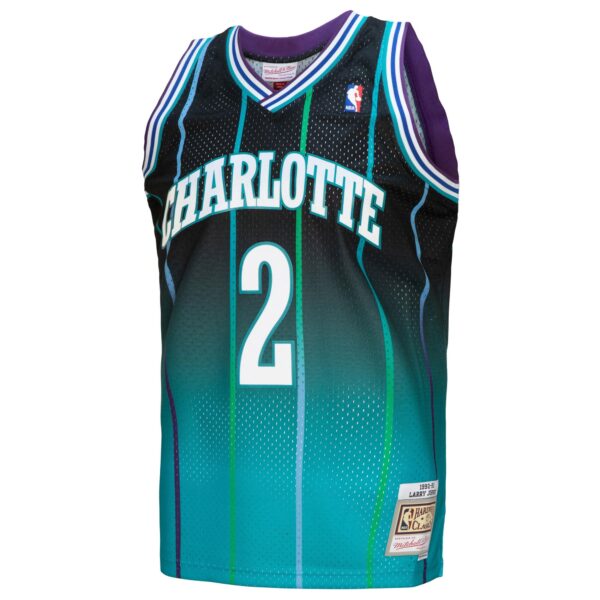 Larry Johnson Charlotte Hornets Mitchell & Ness 1992/93 Hardwood Classics Fadeaway Swingman Player Jersey - Teal/Black - Image 3