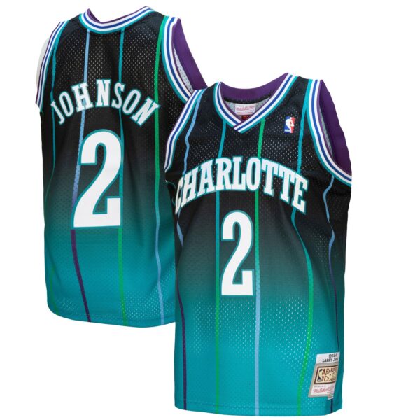 Larry Johnson Charlotte Hornets Mitchell & Ness 1992/93 Hardwood Classics Fadeaway Swingman Player Jersey - Teal/Black - Image 2