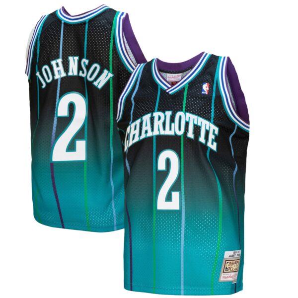 Larry Johnson Charlotte Hornets Mitchell & Ness 1992/93 Hardwood Classics Fadeaway Swingman Player Jersey - Teal/Black - Image 2