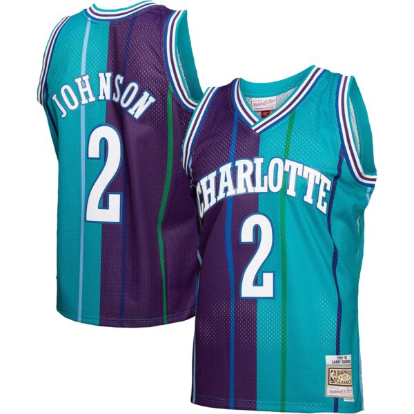 Larry Johnson Charlotte Hornets Mitchell & Ness Hardwood Classics Mitchell & Ness Split Swingman Jersey - Teal/Purple - Image 2