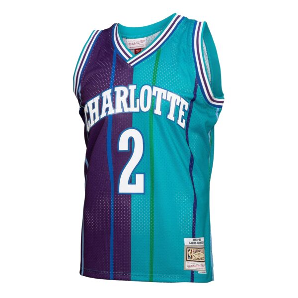 Larry Johnson Charlotte Hornets Mitchell & Ness Hardwood Classics Mitchell & Ness Split Swingman Jersey - Teal/Purple - Image 3