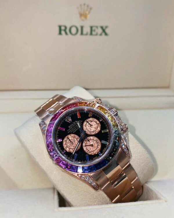 Luxury Rolex Daytona Rainbow 116595Rbow: Black Dial, Diamond Bezel, Oyster Bracelet, Rose Gold Watch - Image 3