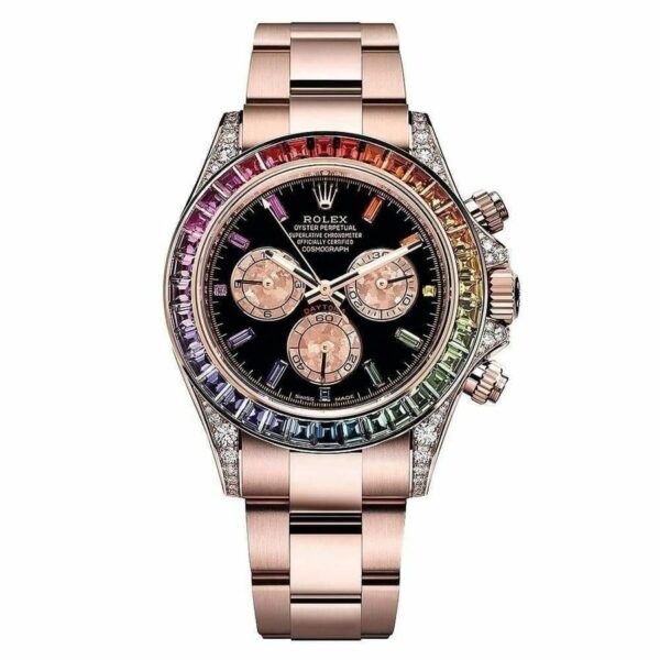 Luxury Rolex Daytona Rainbow 116595Rbow: Black Dial, Diamond Bezel, Oyster Bracelet, Rose Gold Watch