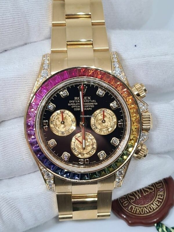 Luxury Rolex Daytona Rainbow, Black Dial, Diamond Bezel, Oyster Bracelet, Yellow Gold Watch 116598 Rbow - Image 2