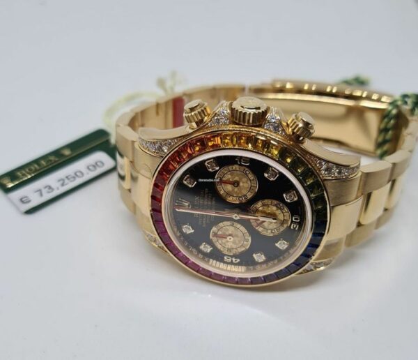 Luxury Rolex Daytona Rainbow, Black Dial, Diamond Bezel, Oyster Bracelet, Yellow Gold Watch 116598 Rbow - Image 3
