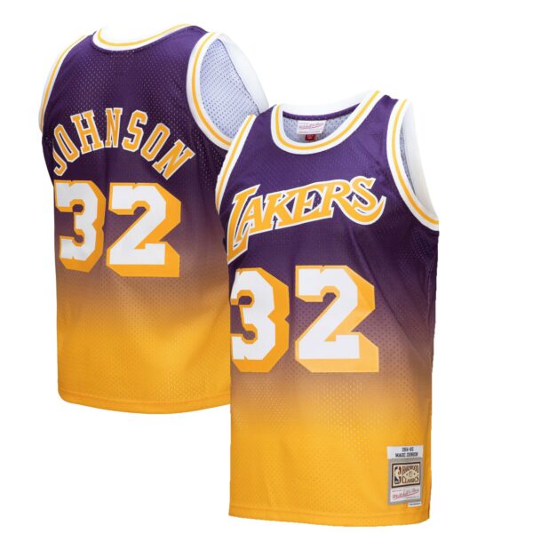 Magic Johnson Los Angeles Lakers Mitchell & Ness 1984/85 Hardwood Classics Fadeaway Swingman Player Jersey - Gold/Purple - Image 2