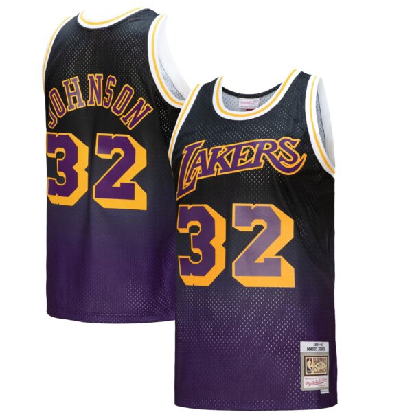 Magic Johnson Los Angeles Lakers Mitchell & Ness 1984/85 Hardwood Classics Fadeaway Swingman Player Jersey - Purple/Black - Image 2