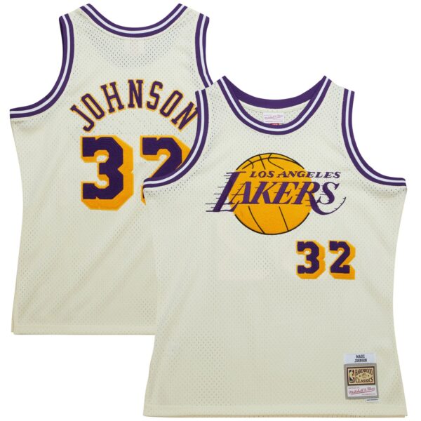 Magic Johnson Los Angeles Lakers Mitchell & Ness Chainstitch Swingman Jersey - Cream - Image 2