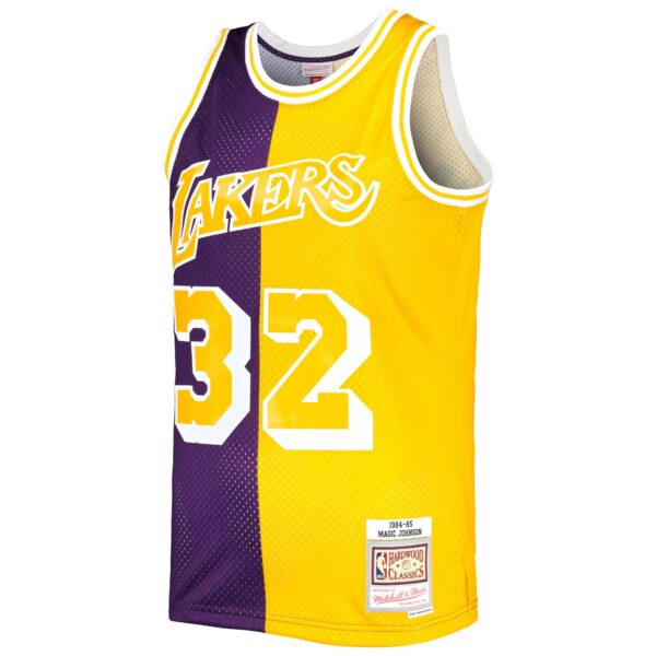 Magic Johnson Los Angeles Lakers Mitchell & Ness Hardwood Classics 1984/85 Split Swingman Jersey - Purple/Gold - Image 3