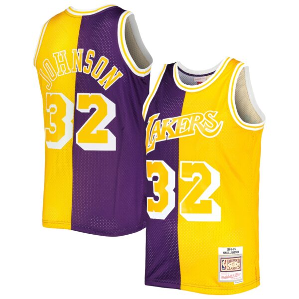 Magic Johnson Los Angeles Lakers Mitchell & Ness Hardwood Classics 1984/85 Split Swingman Jersey - Purple/Gold - Image 2