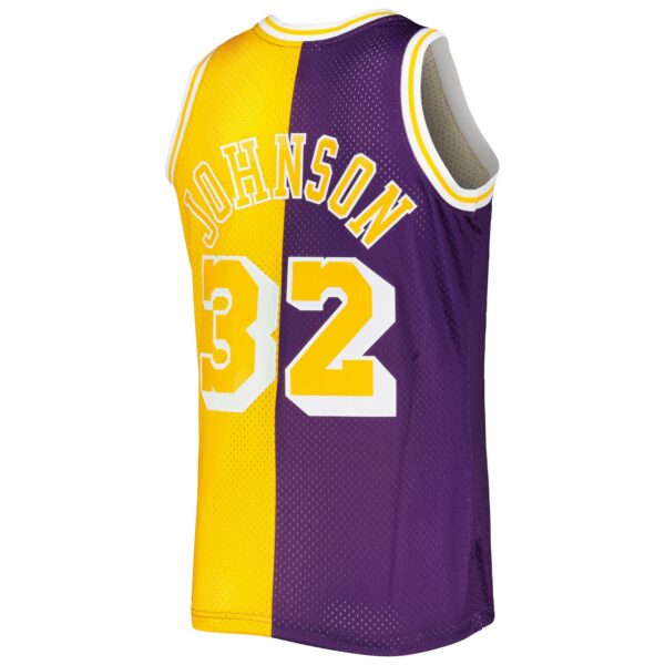 Magic Johnson Los Angeles Lakers Mitchell & Ness Hardwood Classics 1984/85 Split Swingman Jersey - Purple/Gold - Image 4