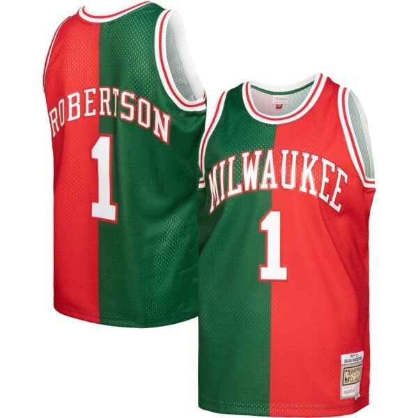 Oscar Robertson Milwaukee Bucks Mitchell & Ness Hardwood Classics 1971/72 Split Swingman Jersey - Green/Red - Image 2