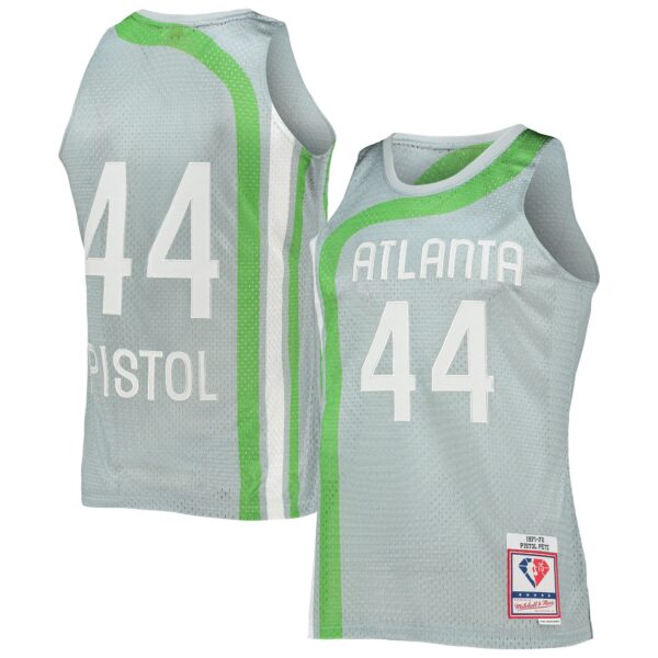 Pete Maravich Atlanta Hawks Mitchell & Ness 75th Anniversary 1971/72 Hardwood Classics Swingman Jersey - Silver - Image 2