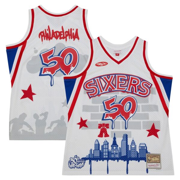 Philadelphia 76ers Mitchell & Ness x Tats Cru Hardwood Classics Fashion Jersey - White - Image 2