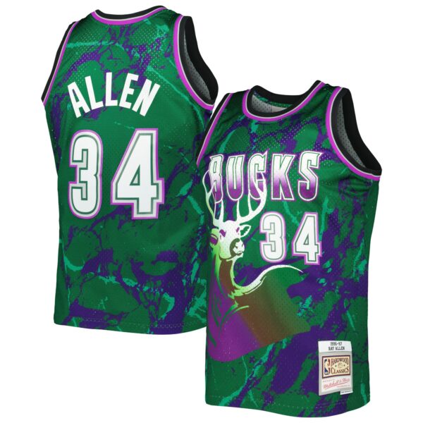 Ray Allen Milwaukee Bucks Mitchell & Ness 1996/97 Hardwood Classics Marble Swingman Jersey - Green - Image 2