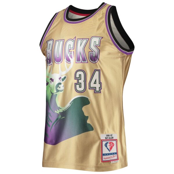 Ray Allen Milwaukee Bucks Mitchell & Ness 75th Anniversary 1996/97 Hardwood Classics Swingman Jersey - Gold - Image 3