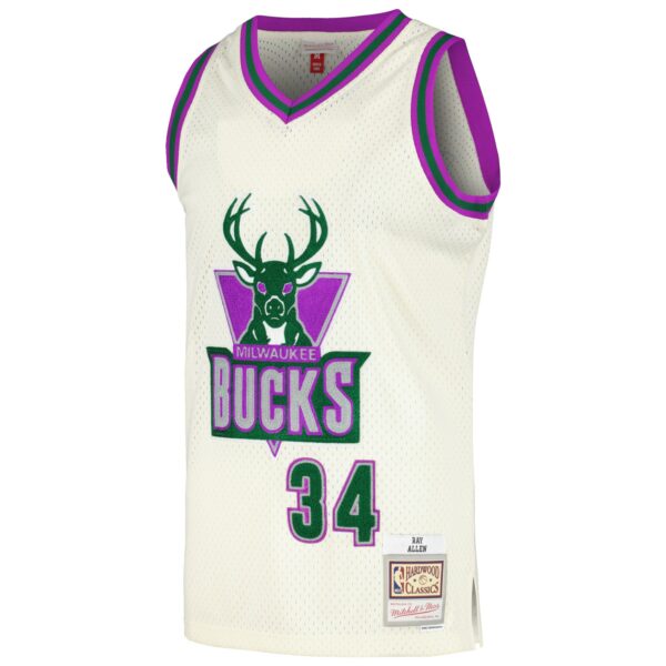 Ray Allen Milwaukee Bucks Mitchell & Ness Chainstitch Swingman Jersey - Cream - Image 3