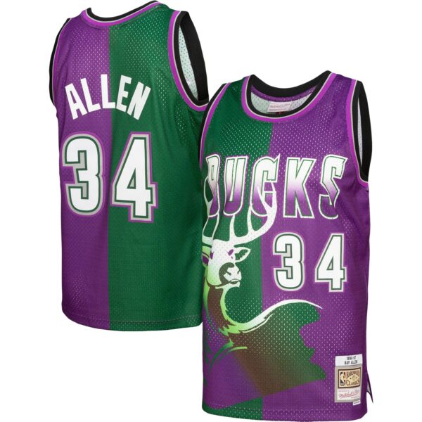 Ray Allen Milwaukee Bucks Mitchell & Ness Hardwood Classics 1996/97 Split Swingman Jersey - Green/Purple - Image 2